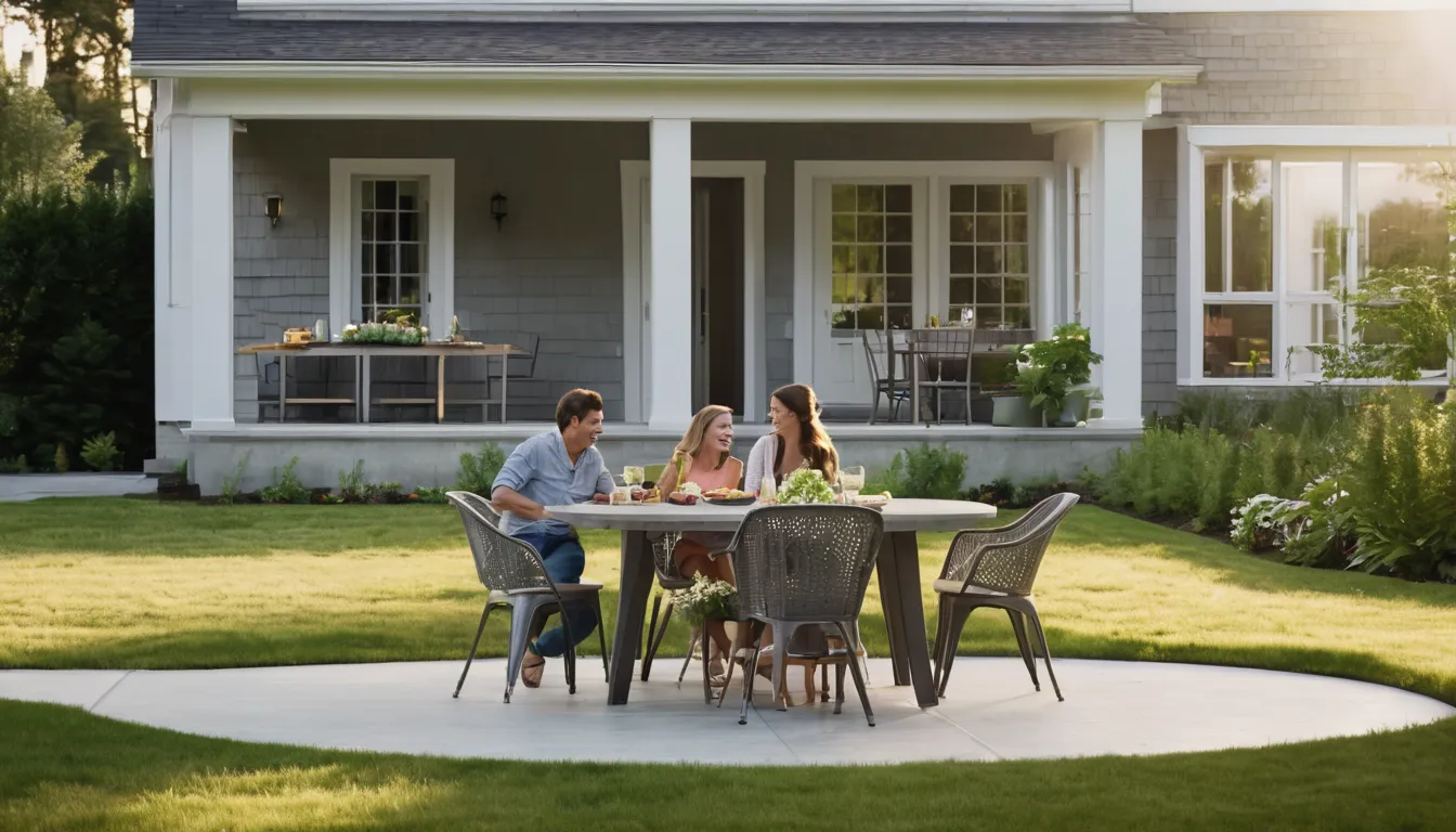 Family relaxing on a new concrete patio behind a home in Stamford